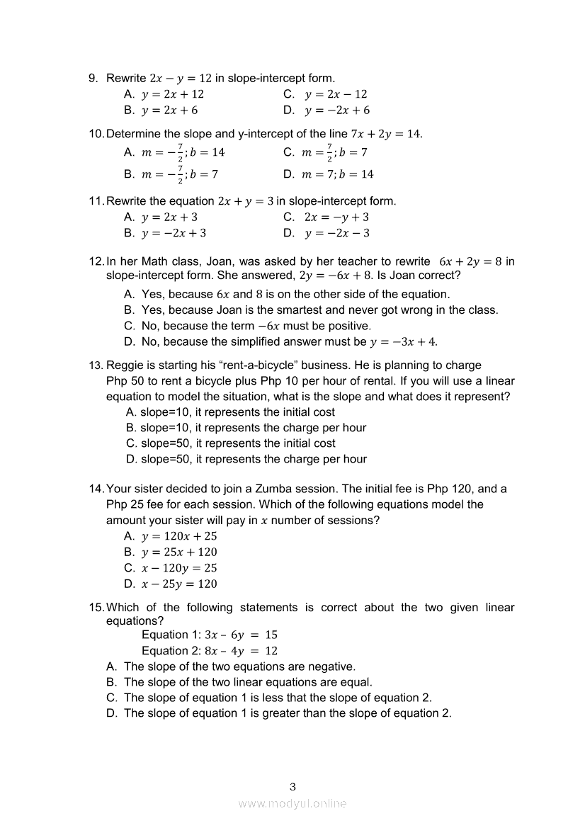 Math 8 Module 9 Writing The Linear Equation 𝑨𝒙 𝑩𝒚 𝑪 In The Form 𝒚 𝒎𝒙 𝒃 And Vice Versa 5586